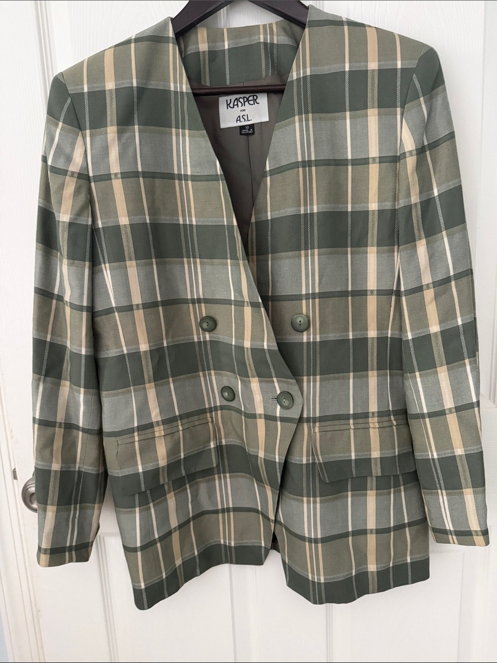 Kasper Vintage Green and Cream Plaid Double-Breasted Blazer Size 10